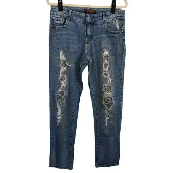 Sizzle Jeans Skinny Distressed Jeans with Floral Patches Size 11/12 - Picture 1 of 6